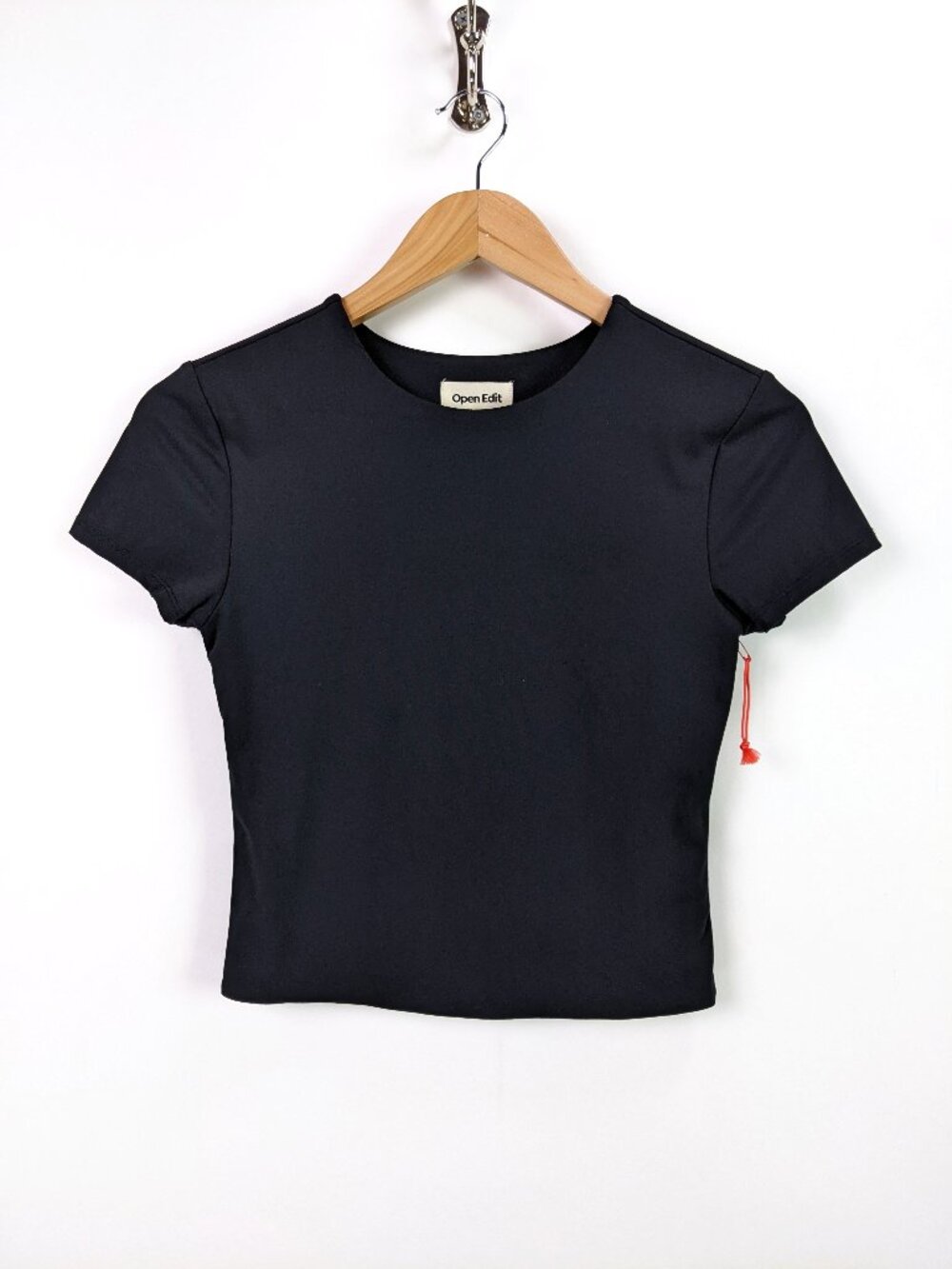 Open Edit Womens Black Fitted Crop Top Double Layer Bodice Short Sleeve Size S